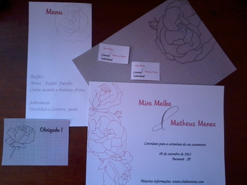 Conjunto de Papelaria de Casamento - Cardápio, Convite, Cartão de Agradecimento e Convite individual