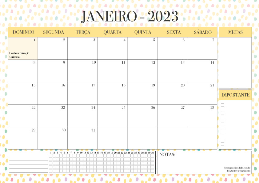 Janeiro 2023 - Calendário 2023 em PDF para Imprimir